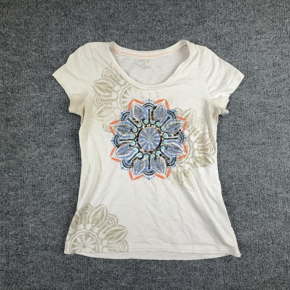 Sonoma Life + Style Shirt Womens Medium White Embroidered Sequin Floral Graphic